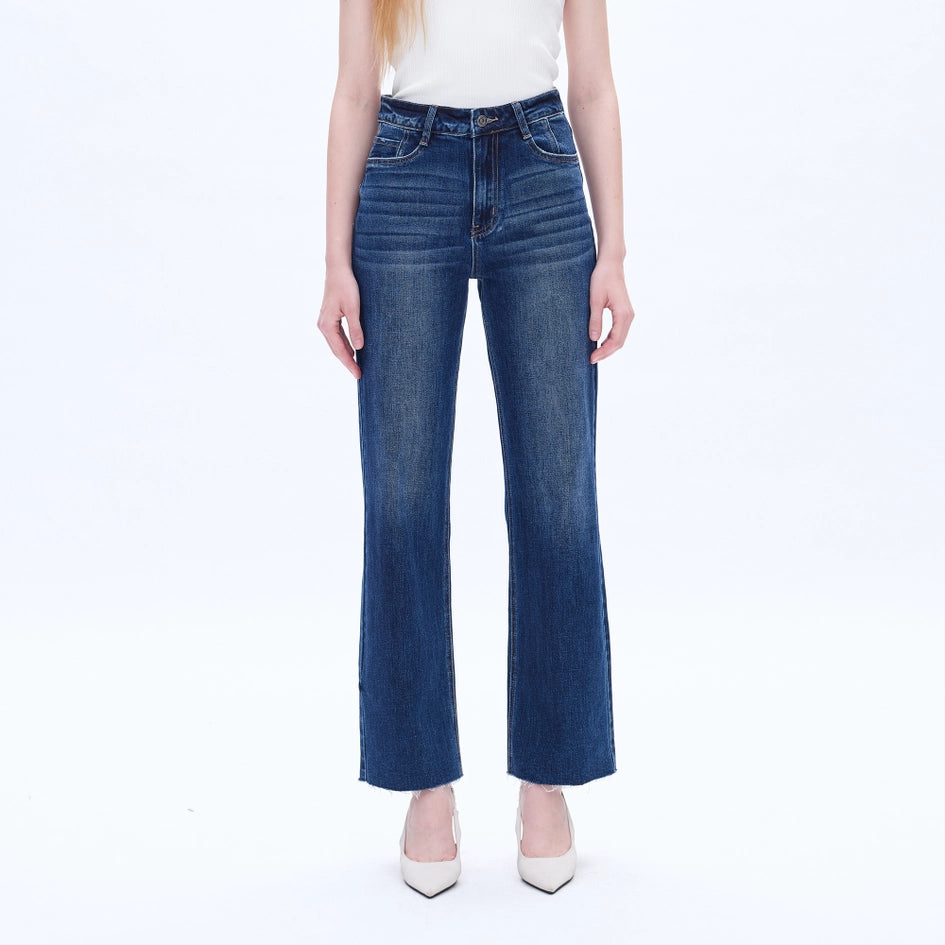 High Rise Wide Leg Jeans with Raw Hem SAPPHIRE-Jeans-BAYEAS-24-SAPPHIRE-Urbanheer