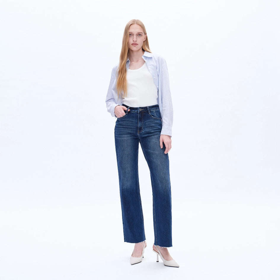 High Rise Wide Leg Jeans with Raw Hem SAPPHIRE-Jeans-BAYEAS-24-SAPPHIRE-Urbanheer