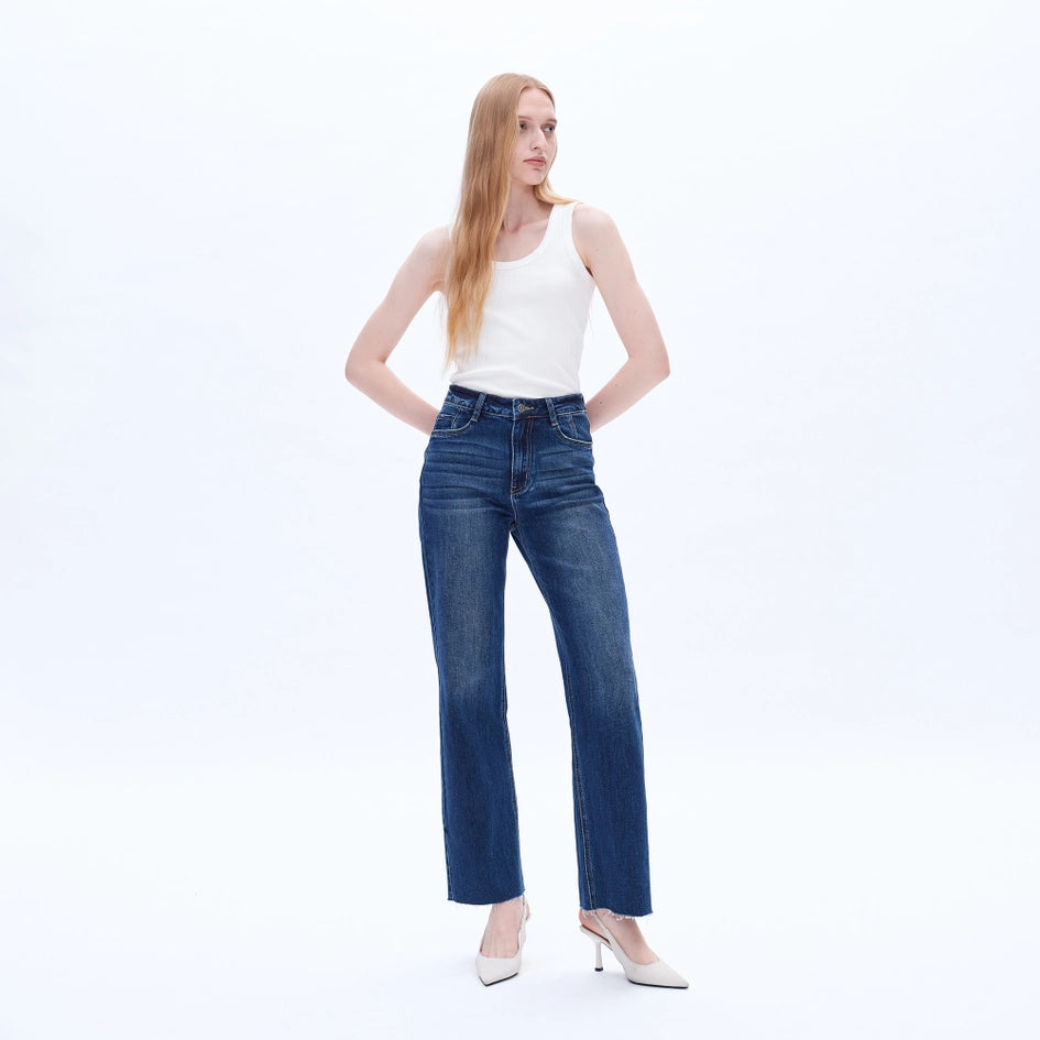 High Rise Wide Leg Jeans with Raw Hem SAPPHIRE-Jeans-BAYEAS-24-SAPPHIRE-Urbanheer