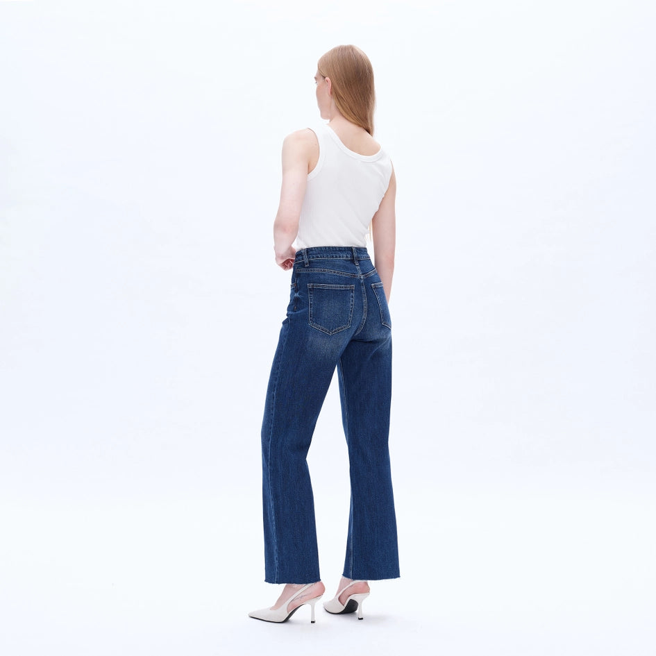High Rise Wide Leg Jeans with Raw Hem SAPPHIRE-Jeans-BAYEAS-24-SAPPHIRE-Urbanheer