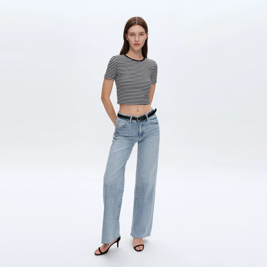 High Rise Wide Leg Jeans with Raw Hem SPARKLE-Jeans-BAYEAS-24-SPARKLE-Urbanheer