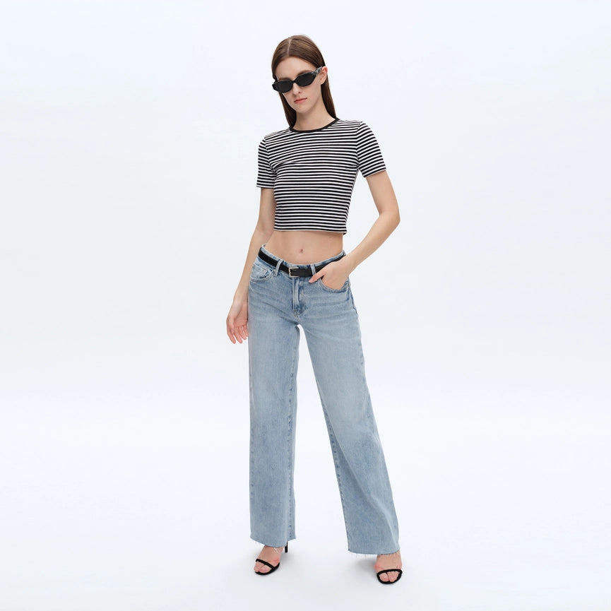 High Rise Wide Leg Jeans with Raw Hem SPARKLE-Jeans-BAYEAS-24-SPARKLE-Urbanheer