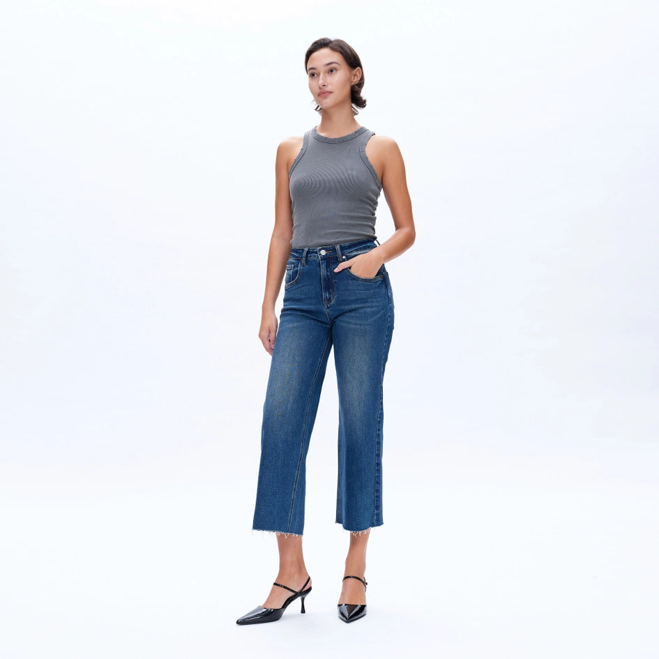 High Rise Wide Leg Jeans with Raw Hem SURF-Jeans-BAYEAS-24-SURF-Urbanheer