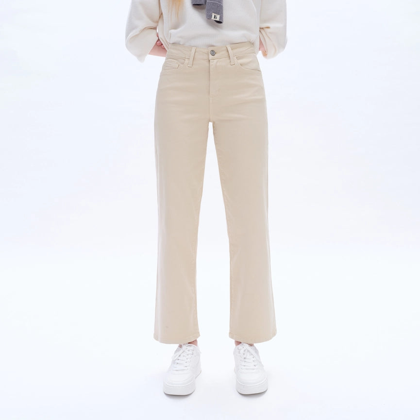 High Rise Wide Leg Twill Pants with Finished Hem Khaki-Jeans-BAYEAS-24-Khaki-Urbanheer