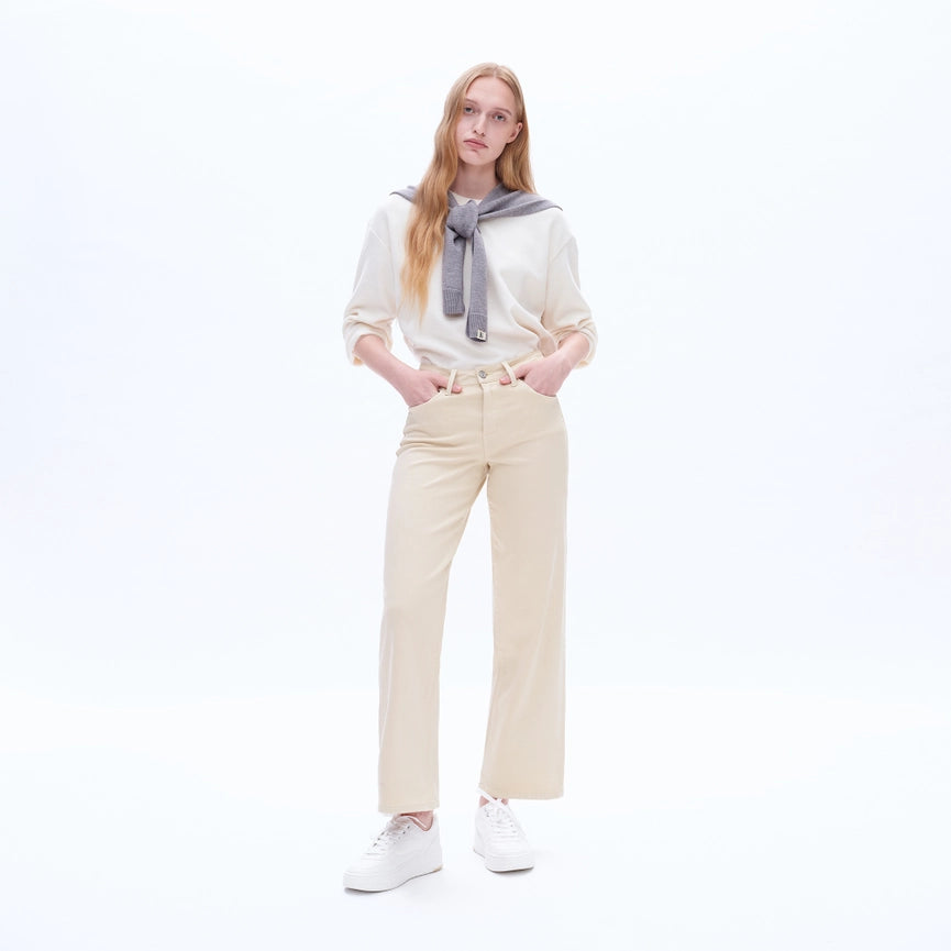 High Rise Wide Leg Twill Pants with Finished Hem Khaki-Jeans-BAYEAS-24-Khaki-Urbanheer