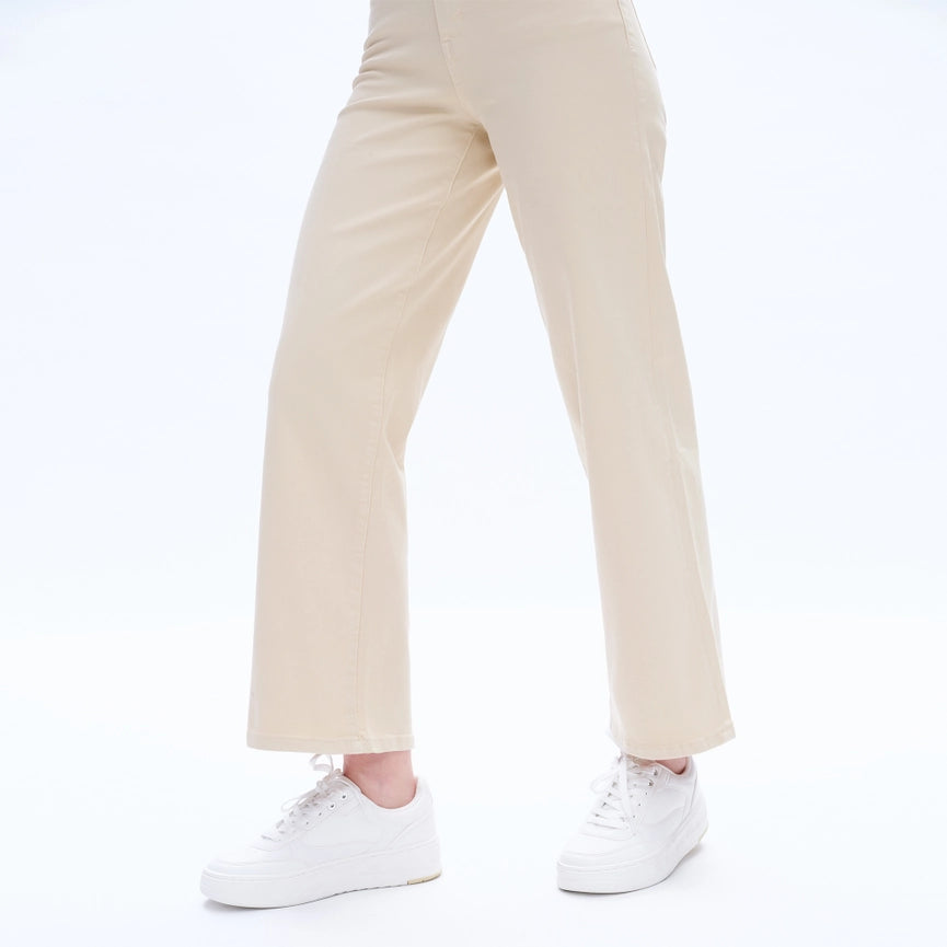 High Rise Wide Leg Twill Pants with Finished Hem Khaki-Jeans-BAYEAS-24-Khaki-Urbanheer