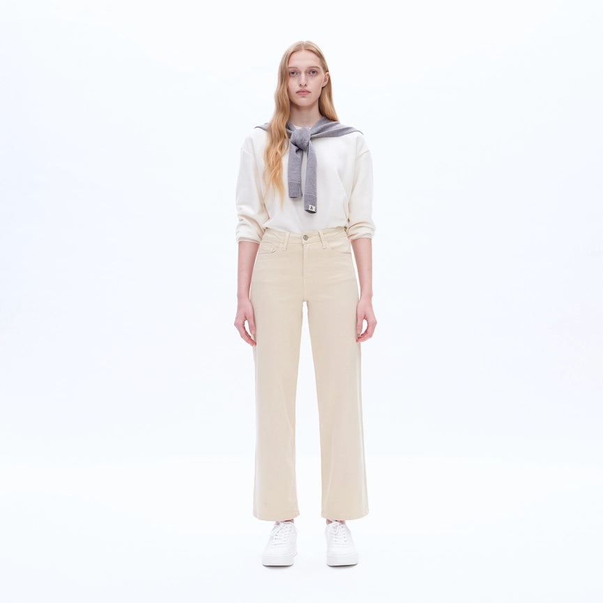 High Rise Wide Leg Twill Pants with Finished Hem Khaki-Jeans-BAYEAS-24-Khaki-Urbanheer