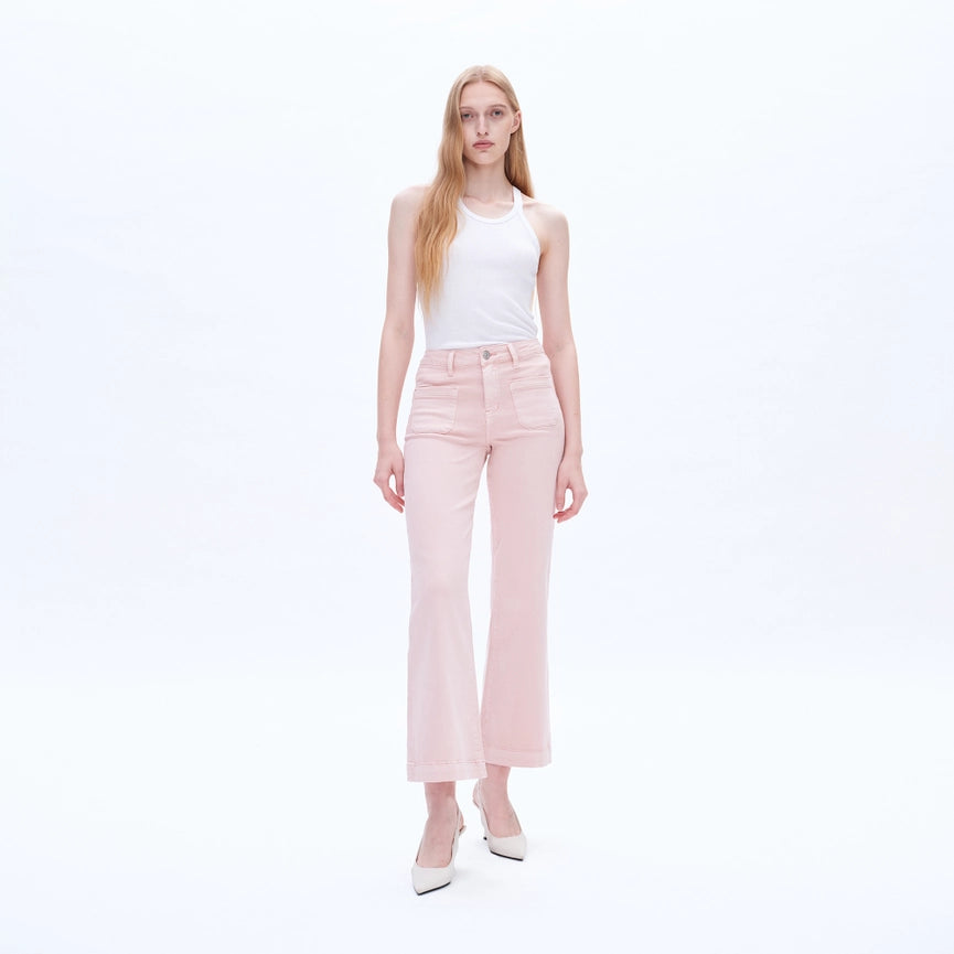 High Rise Wide Leg Twill Pants with Finished Hem PEACH PINK-Jeans-BAYEAS-24-PEACH PINK-Urbanheer