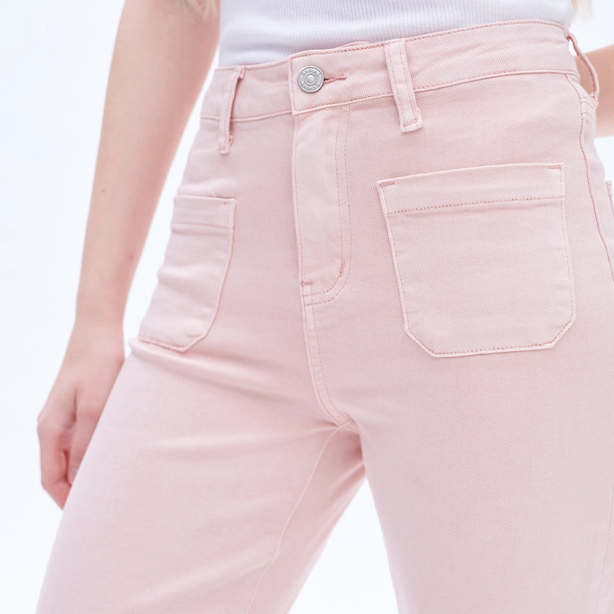 High Rise Wide Leg Twill Pants with Finished Hem PEACH PINK-Jeans-BAYEAS-24-PEACH PINK-Urbanheer