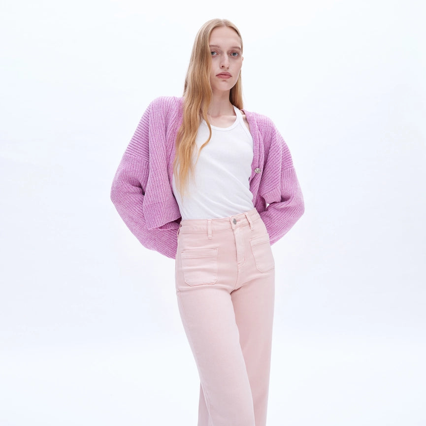 High Rise Wide Leg Twill Pants with Finished Hem PEACH PINK-Jeans-BAYEAS-24-PEACH PINK-Urbanheer