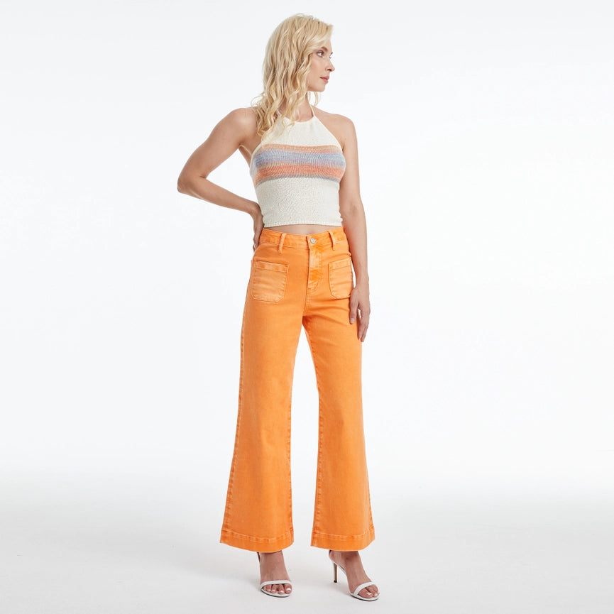 High Rise Wide Leg Twill Pants with Finished Hem TANGELO-Pants-BAYEAS-26-TANGELO-Urbanheer