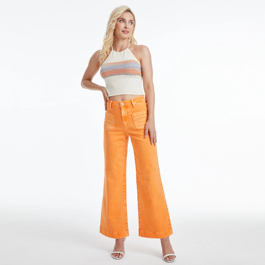 High Rise Wide Leg Twill Pants with Finished Hem TANGELO-Pants-BAYEAS-26-TANGELO-Urbanheer
