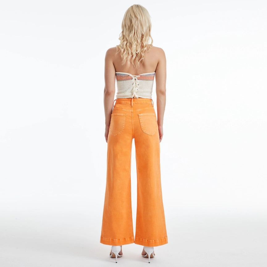 High Rise Wide Leg Twill Pants with Finished Hem TANGELO-Pants-BAYEAS-26-TANGELO-Urbanheer