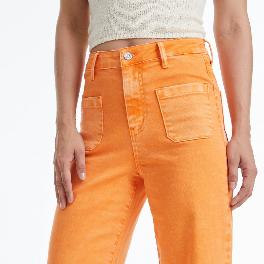 High Rise Wide Leg Twill Pants with Finished Hem TANGELO-Pants-BAYEAS-26-TANGELO-Urbanheer