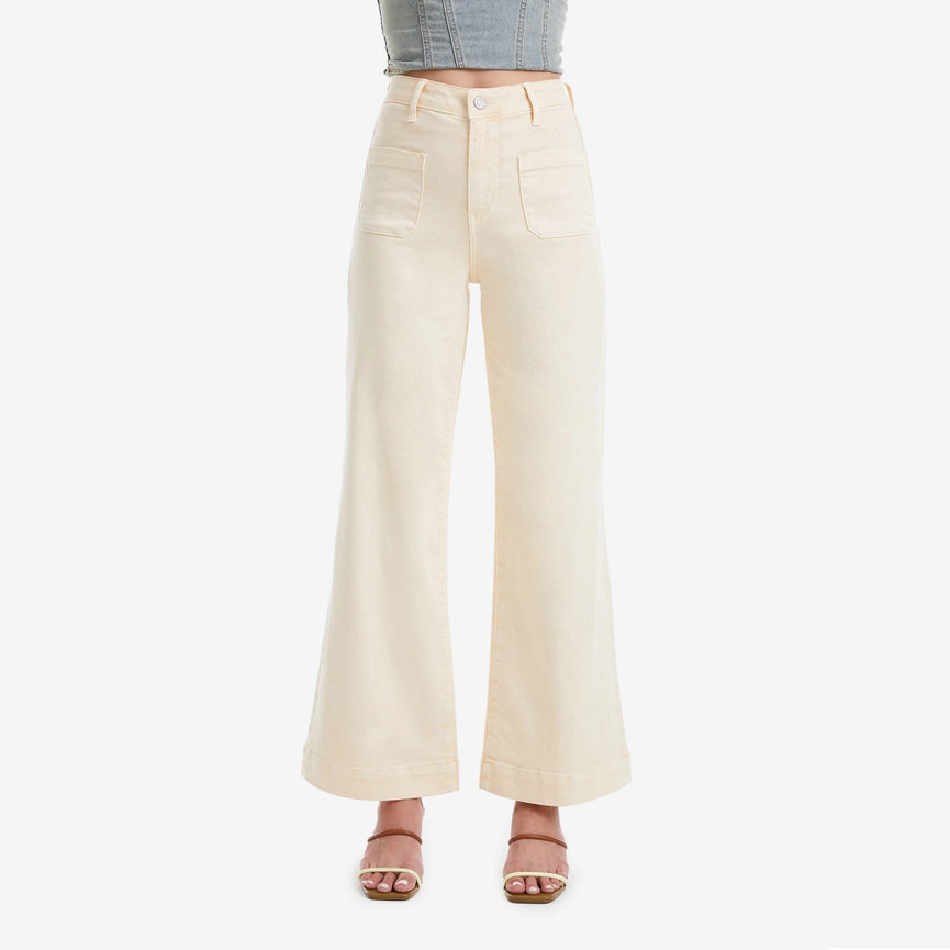 High Rise Wide Leg Twill Pants with Finished Hem VANILLA CREAM-Pants-BAYEAS-24-VANILLA CREAM-Urbanheer