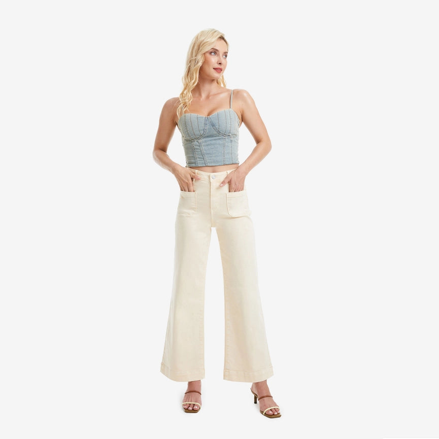 High Rise Wide Leg Twill Pants with Finished Hem VANILLA CREAM-Pants-BAYEAS-24-VANILLA CREAM-Urbanheer