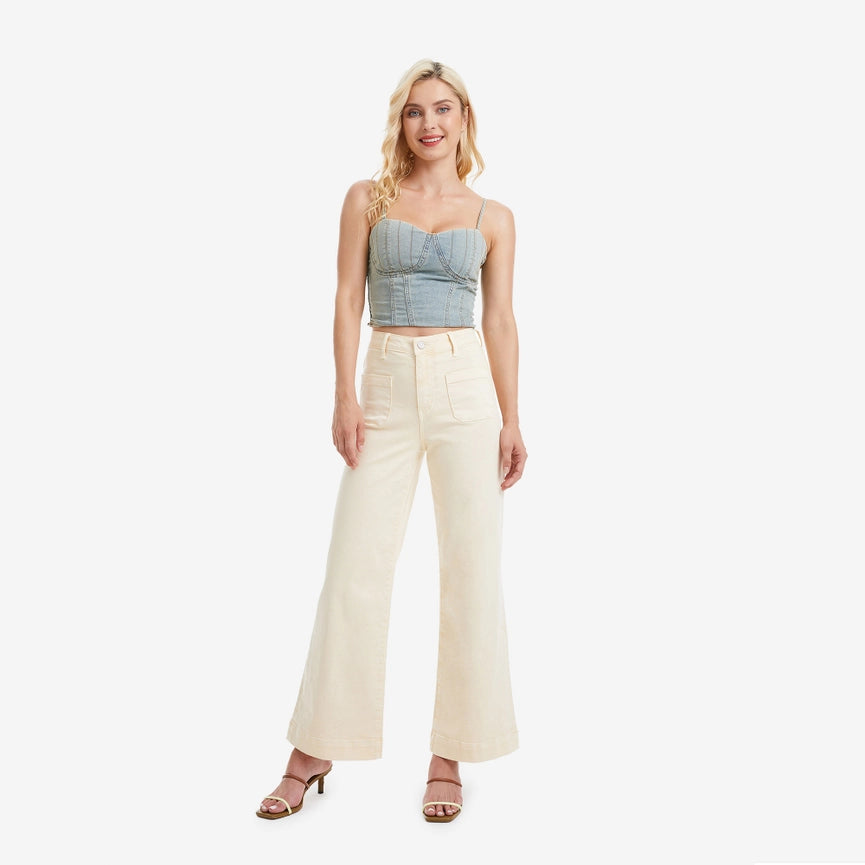 High Rise Wide Leg Twill Pants with Finished Hem VANILLA CREAM-Pants-BAYEAS-24-VANILLA CREAM-Urbanheer
