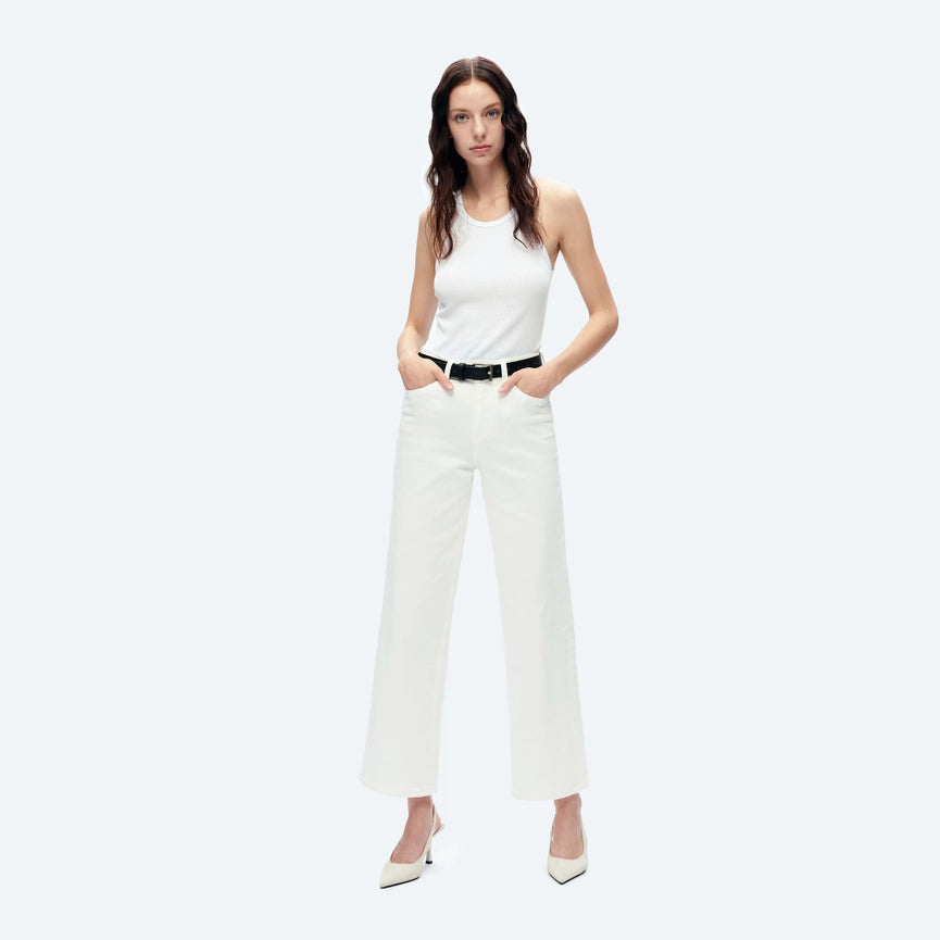 High Rise Wide Leg Twill Pants with Finished Hem WHITE-Jeans-BAYEAS-24-WHITE-Urbanheer