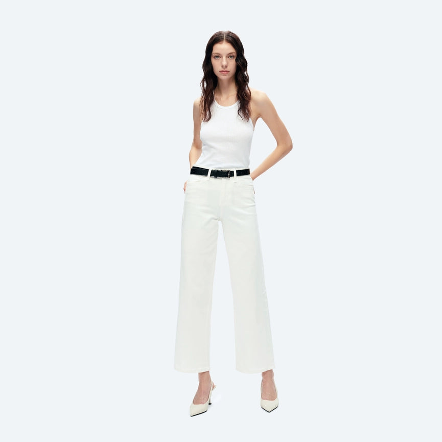 High Rise Wide Leg Twill Pants with Finished Hem WHITE-Jeans-BAYEAS-24-WHITE-Urbanheer