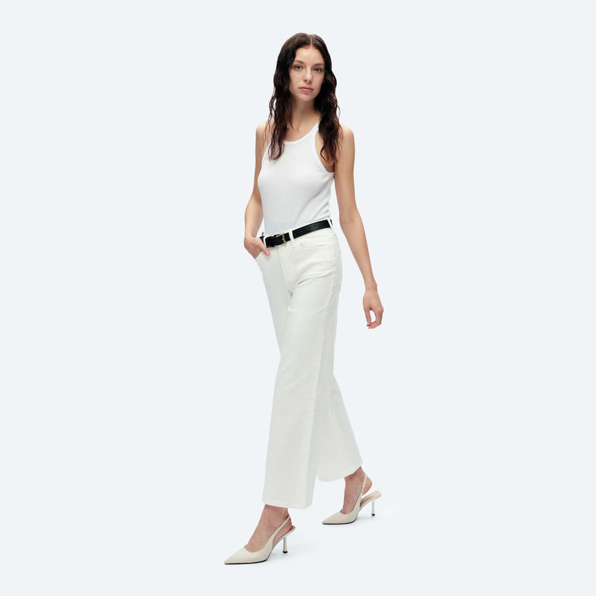 High Rise Wide Leg Twill Pants with Finished Hem WHITE-Jeans-BAYEAS-24-WHITE-Urbanheer