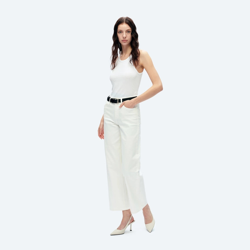 High Rise Wide Leg Twill Pants with Finished Hem WHITE-Jeans-BAYEAS-24-WHITE-Urbanheer