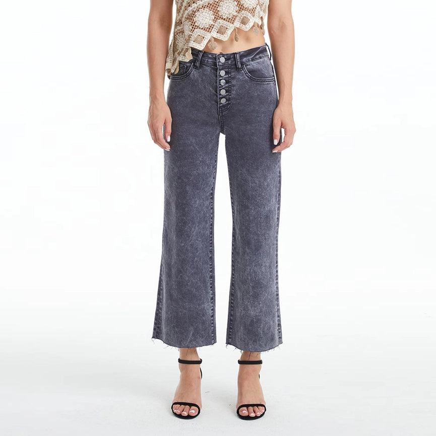 High Rise Wide Leg Twill Pants(Raw Hem,Button Fly) GRAPHITE-Pants-BAYEAS-26-GRAPHITE-Urbanheer