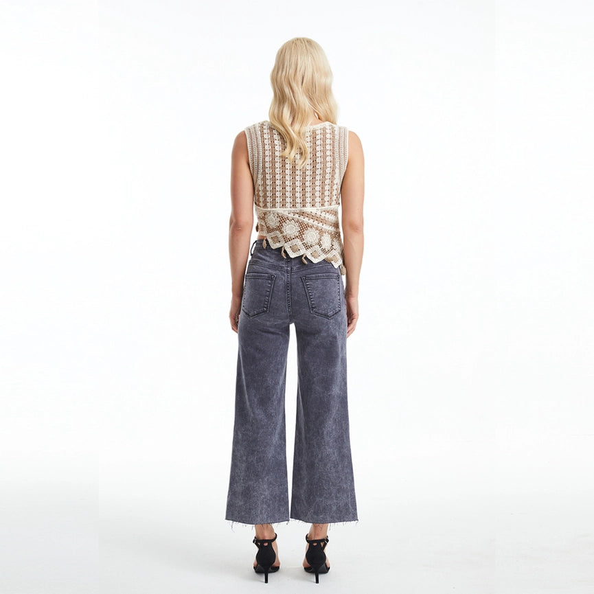 High Rise Wide Leg Twill Pants(Raw Hem,Button Fly) GRAPHITE-Pants-BAYEAS-26-GRAPHITE-Urbanheer