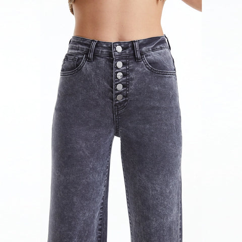 High Rise Wide Leg Twill Pants(Raw Hem,Button Fly) GRAPHITE-Pants-BAYEAS-26-GRAPHITE-Urbanheer