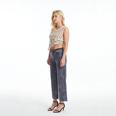 High Rise Wide Leg Twill Pants(Raw Hem,Button Fly) GRAPHITE-Pants-BAYEAS-26-GRAPHITE-Urbanheer