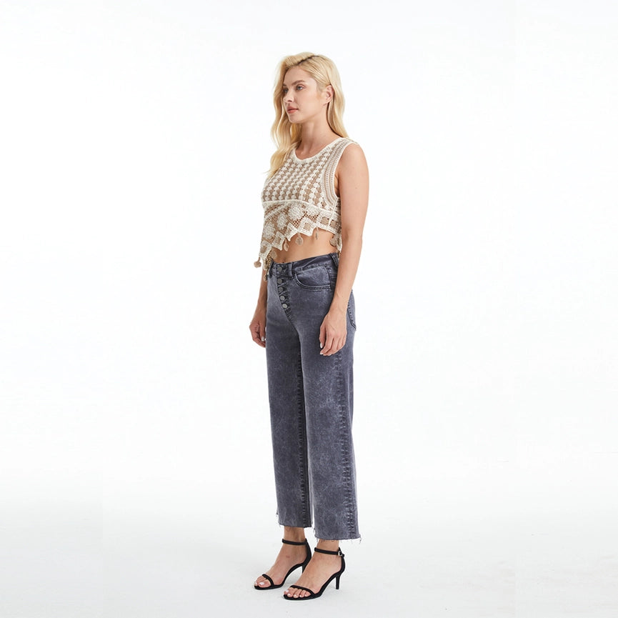 High Rise Wide Leg Twill Pants(Raw Hem,Button Fly) GRAPHITE-Pants-BAYEAS-26-GRAPHITE-Urbanheer