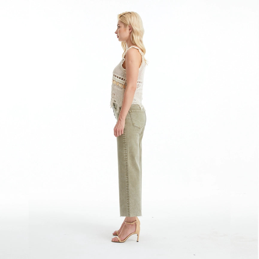 High Rise Wide Leg Twill Pants(Raw Hem,Button Fly) MARTINI-Pants-BAYEAS-24-MARTINI-Urbanheer