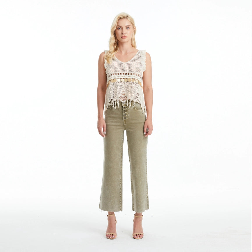 High Rise Wide Leg Twill Pants(Raw Hem,Button Fly) MARTINI-Pants-BAYEAS-24-MARTINI-Urbanheer