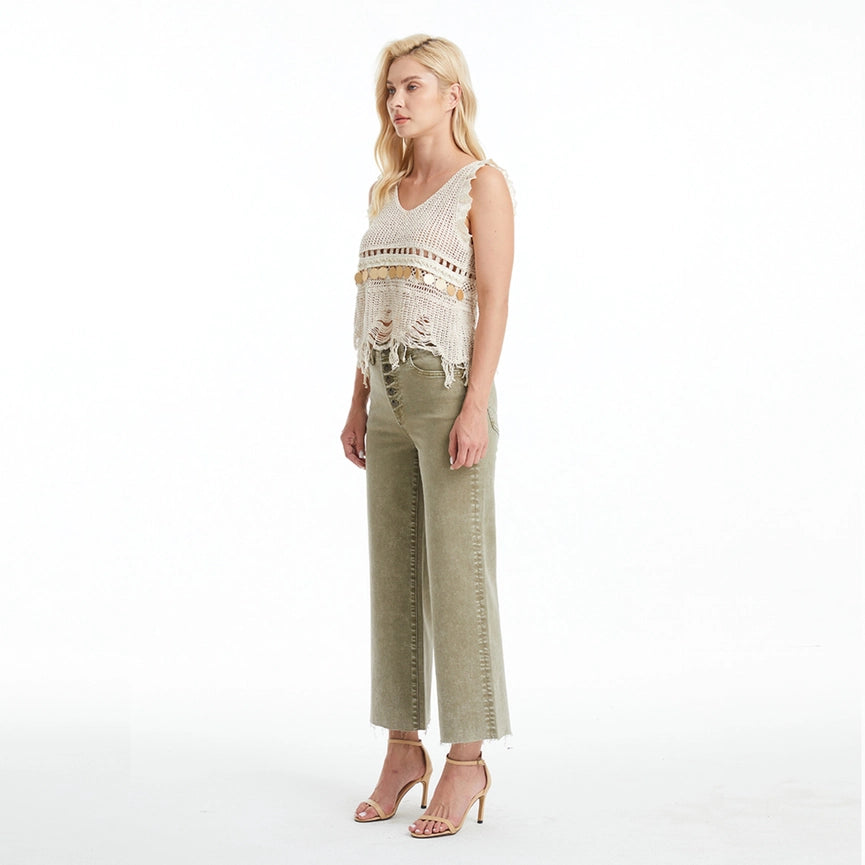 High Rise Wide Leg Twill Pants(Raw Hem,Button Fly) MARTINI-Pants-BAYEAS-24-MARTINI-Urbanheer