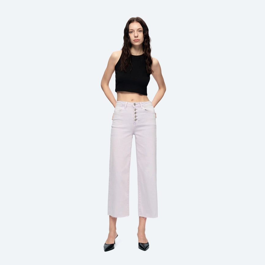 High Rise Wide Leg Twill Pants(Raw Hem,Button Fly) ORCHID PETAL-Pants-BAYEAS-24-ORCHID PETAL-Urbanheer