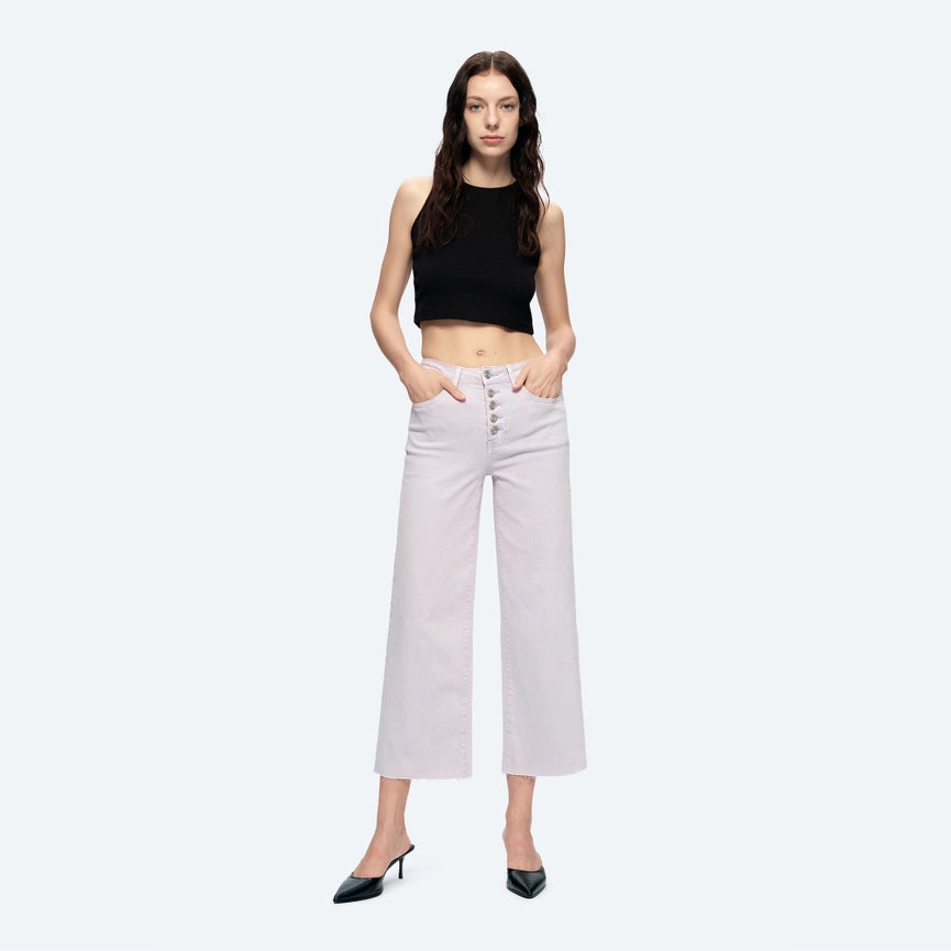 High Rise Wide Leg Twill Pants(Raw Hem,Button Fly) ORCHID PETAL-Pants-BAYEAS-24-ORCHID PETAL-Urbanheer