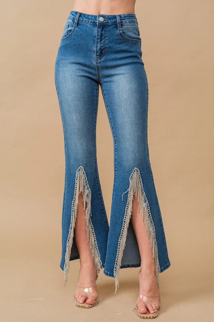 High Waist Flare Bottom W/ Rhinestone Fringe Jeans