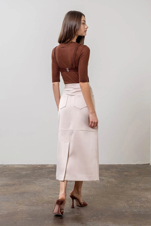 High Waist Panel Back Slit Midi Skirt-Skirts-Moon River-XS-BEIGE-Urbanheer