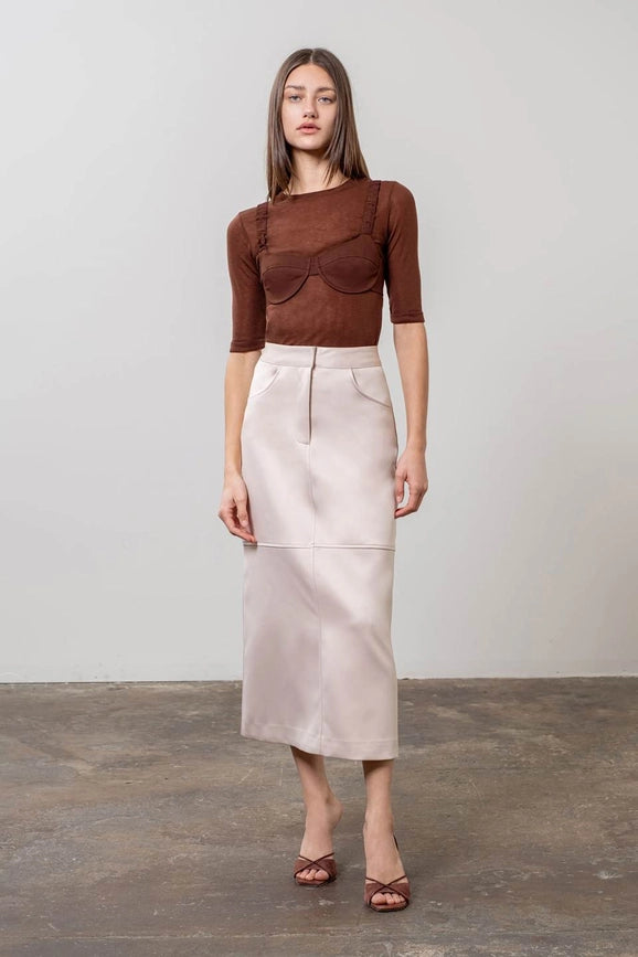 High Waist Panel Back Slit Midi Skirt-Skirts-Moon River-XS-BEIGE-Urbanheer