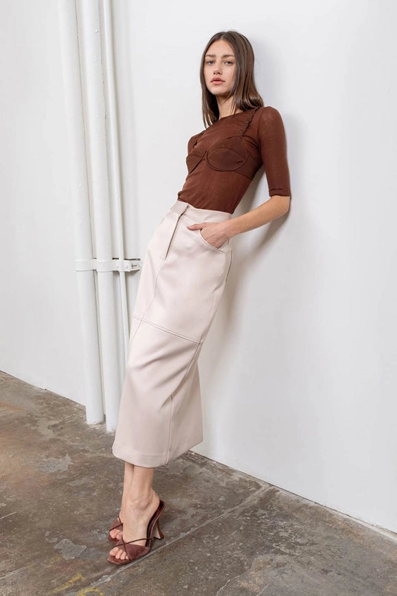 High Waist Panel Back Slit Midi Skirt-Skirts-Moon River-XS-BEIGE-Urbanheer