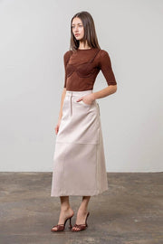High Waist Panel Back Slit Midi Skirt-Skirts-Moon River-XS-BEIGE-Urbanheer