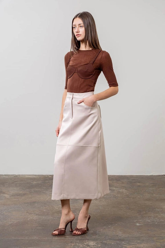 High Waist Panel Back Slit Midi Skirt-Skirts-Moon River-XS-BEIGE-Urbanheer