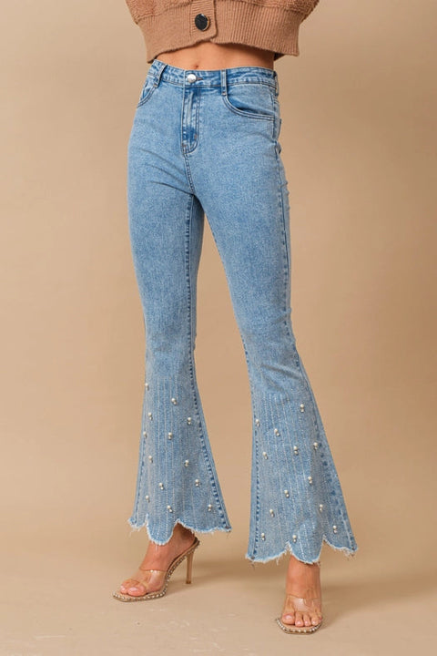 High Waist Scallop Flare W/ Rhinestone Trim Jeans-Jeans-Blue B-S-MED WASH-Urbanheer