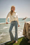 High Waist Scallop Flare W/ Rhinestone Trim Jeans-Jeans-Blue B-S-MED WASH-Urbanheer