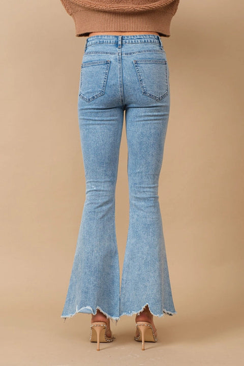 High Waist Scallop Flare W/ Rhinestone Trim Jeans-Jeans-Blue B-S-MED WASH-Urbanheer
