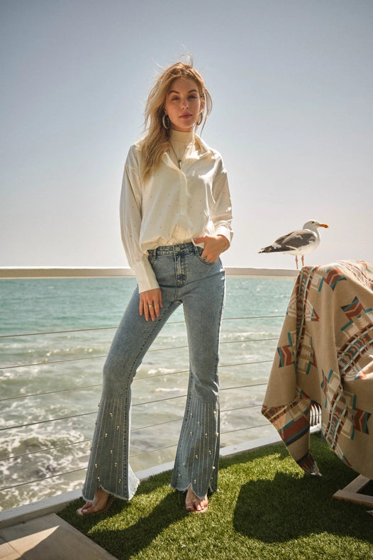 High Waist Scallop Flare W/ Rhinestone Trim Jeans-Jeans-Blue B-S-MED WASH-Urbanheer