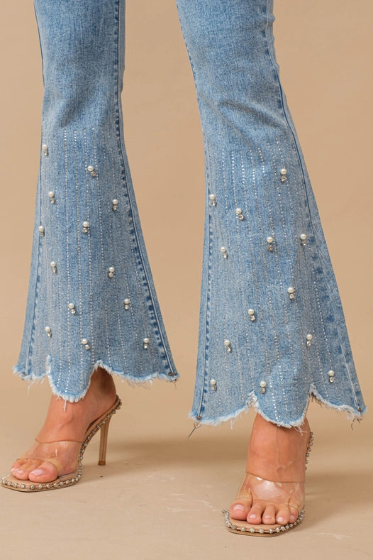 High Waist Scallop Flare W/ Rhinestone Trim Jeans-Jeans-Blue B-S-MED WASH-Urbanheer