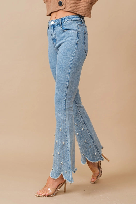 High Waist Scallop Flare W/ Rhinestone Trim Jeans-Jeans-Blue B-S-MED WASH-Urbanheer