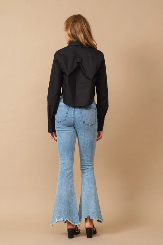 High Waist Scallop Flare W/ Rhinestone Trim Jeans-Jeans-Blue B-S-MED WASH-Urbanheer