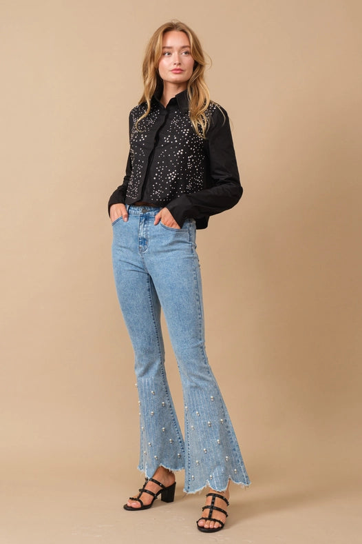 High Waist Scallop Flare W/ Rhinestone Trim Jeans-Jeans-Blue B-S-MED WASH-Urbanheer