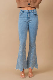 High Waist Scallop Flare W/ Rhinestone Trim Jeans-Jeans-Blue B-S-MED WASH-Urbanheer